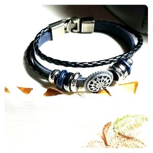 Leather Fancy Braclet Navy and Black Silver